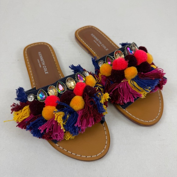 Kenneth Cole Shoes - Kenneth Cole New York Women’s Pom Pom Fringe Slide Sandals Multicolor Size 8‎